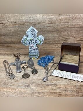 Lot Christian Items-Rosary, Necklaces, Bible Verses, Crosses, Key Chain